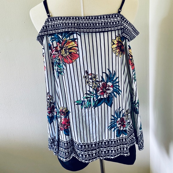 Flying Tomato Cold Shoulder Striped Floral Tie Top - Picture 7 of 8